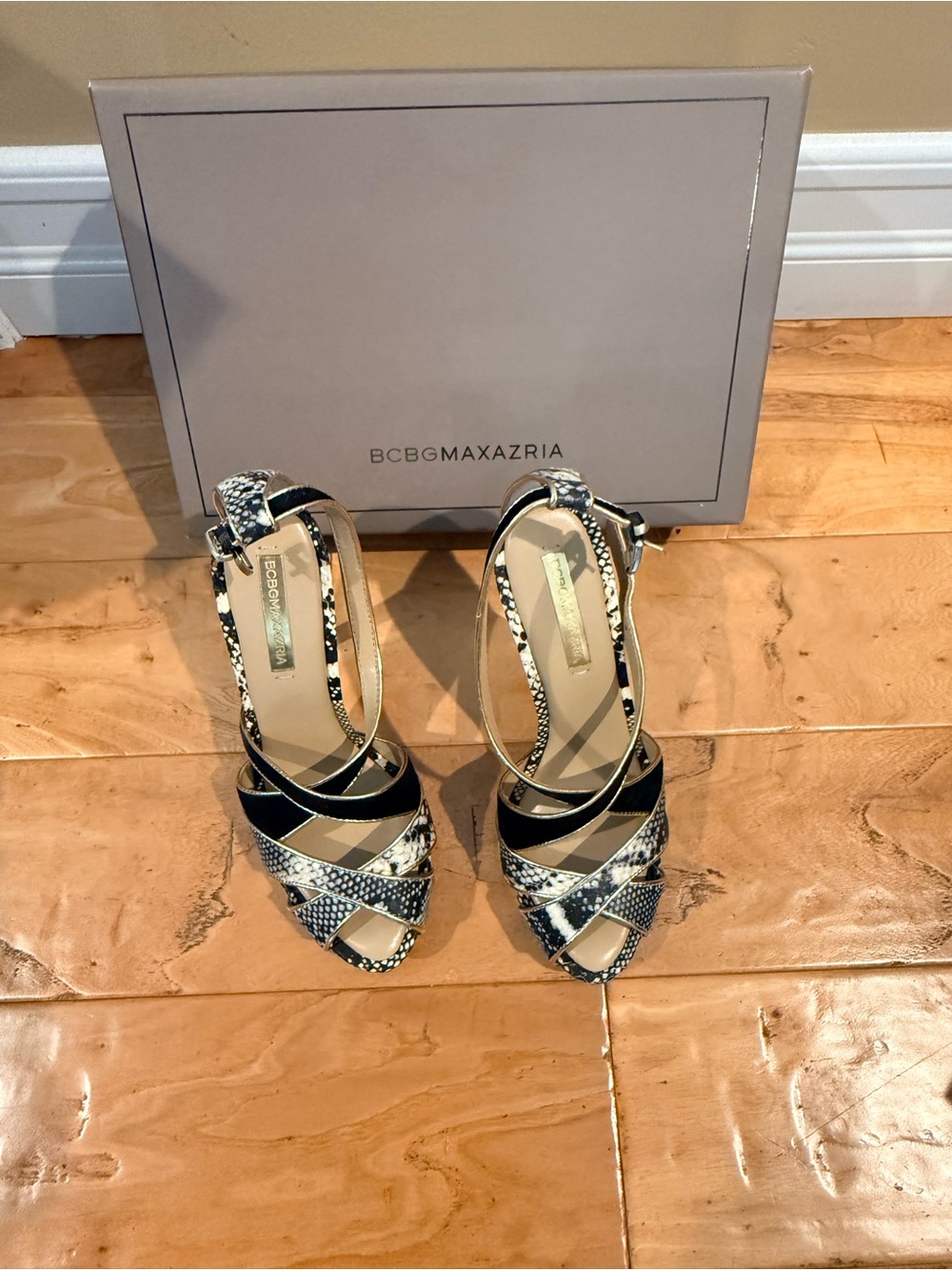 BCBGMaxAzria Black, Gold and Cream Snake-Print Strappy Heels